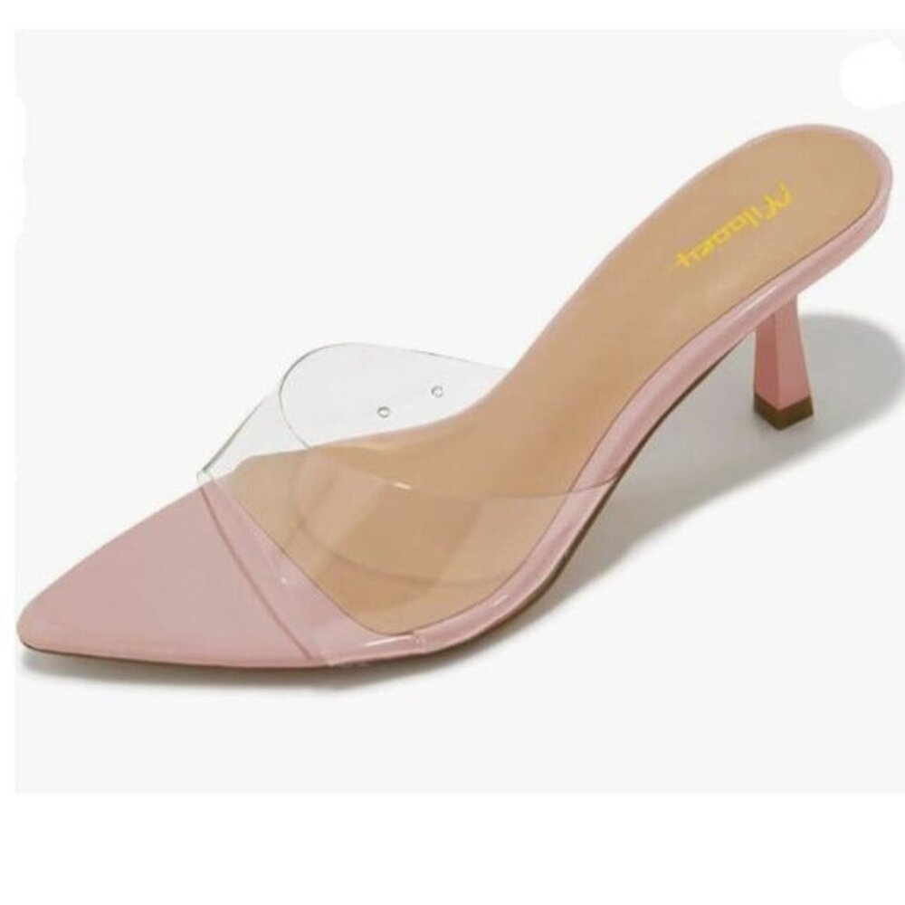 Milooey shoes Women's Kitten Heel Mules Open Pointed Toe Slide Sandals Pink